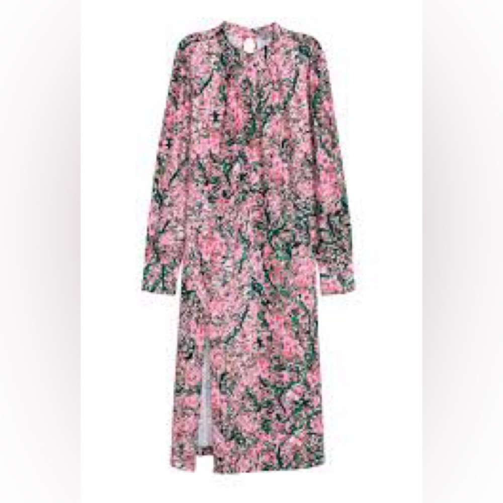 H&M Long Sleeve Mock Neck Midi Dress Pink Green Floral Front Slit Size 6